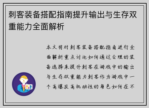 刺客装备搭配指南提升输出与生存双重能力全面解析